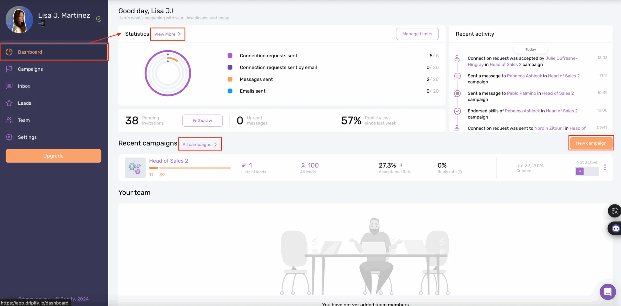 Waalaxy VS Dripify : Design of the Dripify interface.