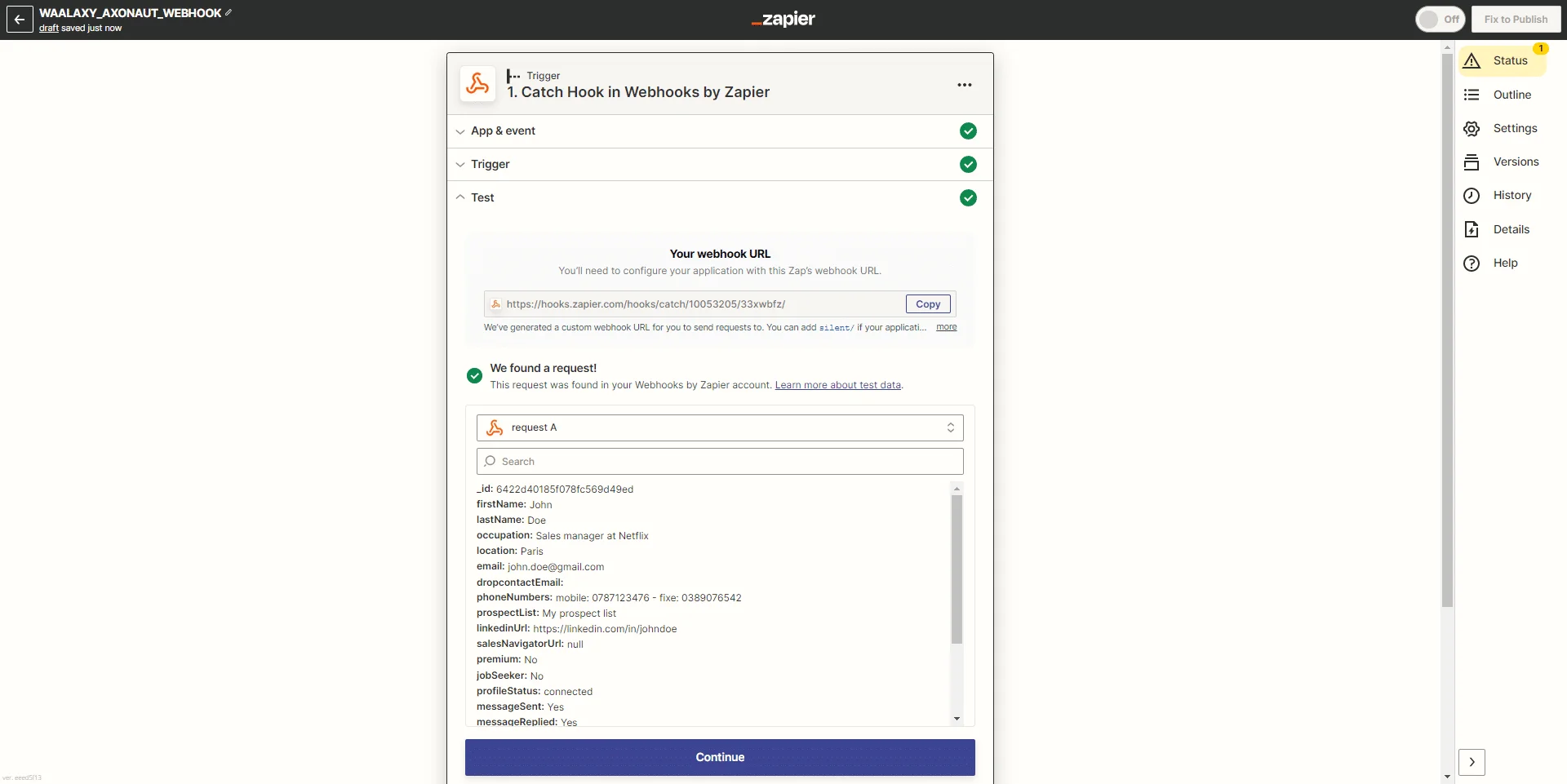 Interface Zapier pour configurer un webhook avec l'option "Catch Hook"