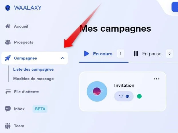 Menu Waalaxy: Campagnes actives avec 1 en cours et 17 participants aux invitations