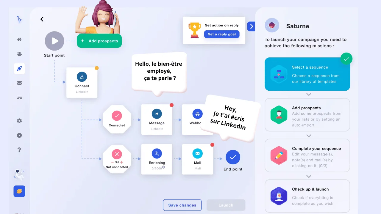 Interface de marketing automatisé avec flux de tâches, messages et options de suivi.