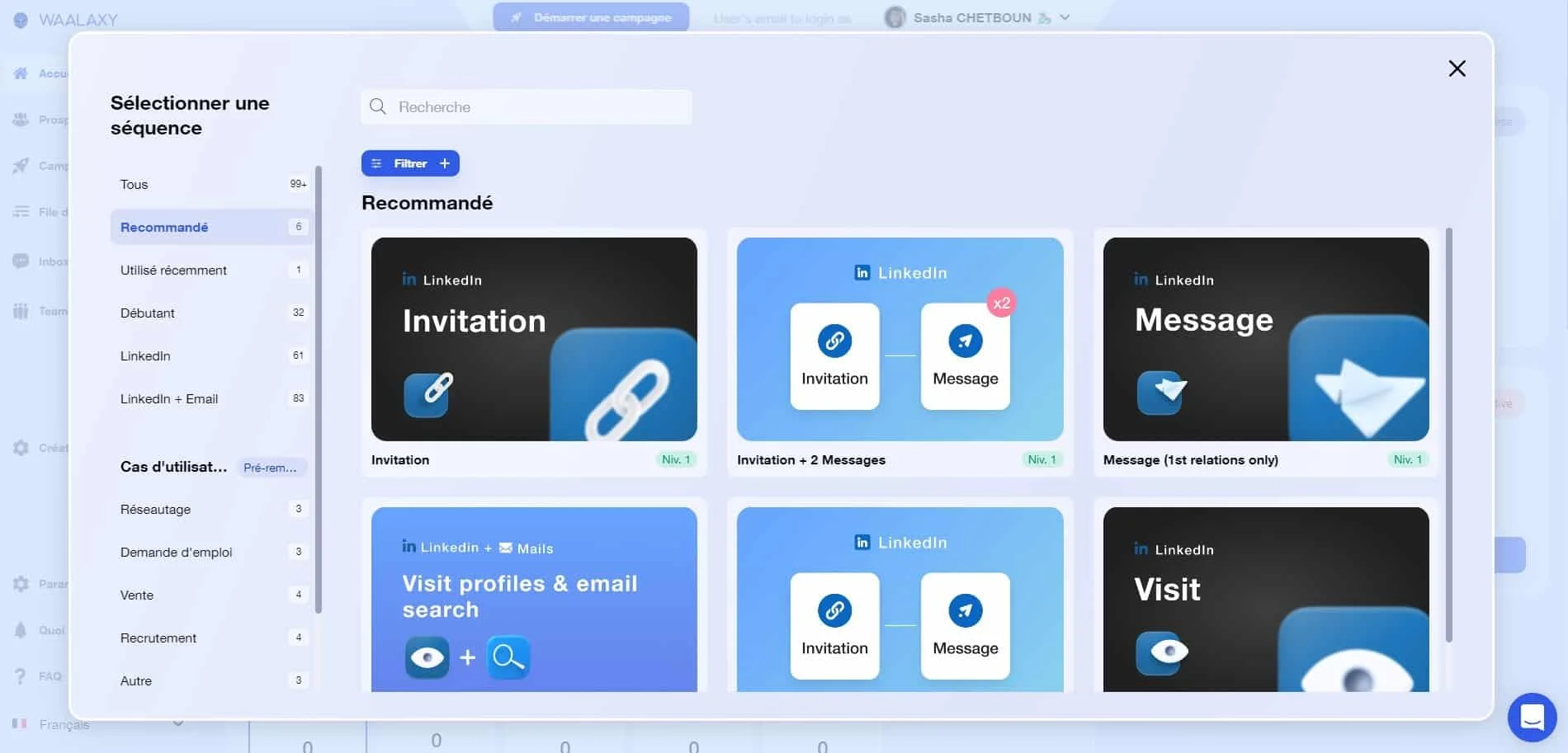 Interface d'envoi de message LinkedIn avec options d'invitation et de visite de profil
