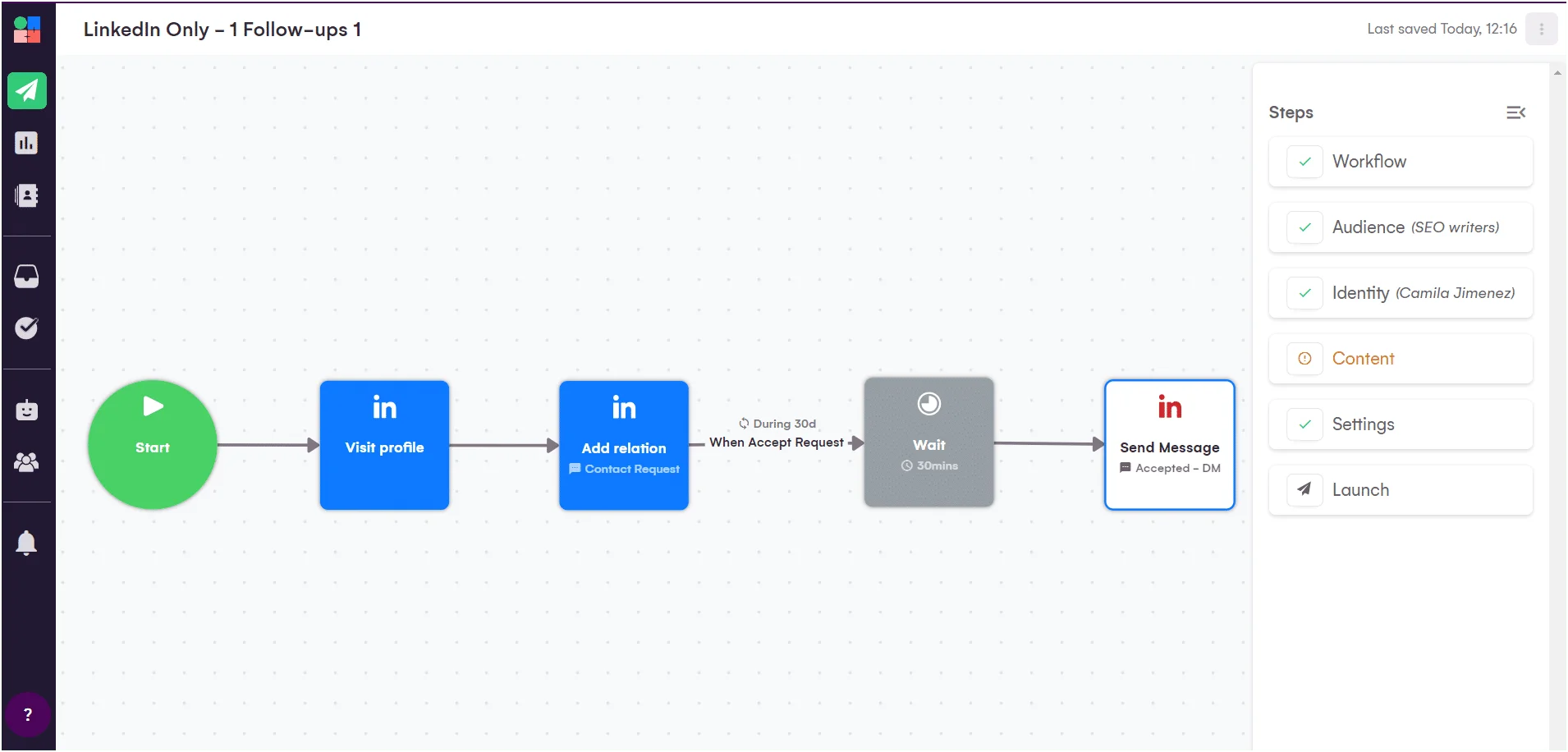 LinkedIn workflow interface with steps to promote a profile and send messages.