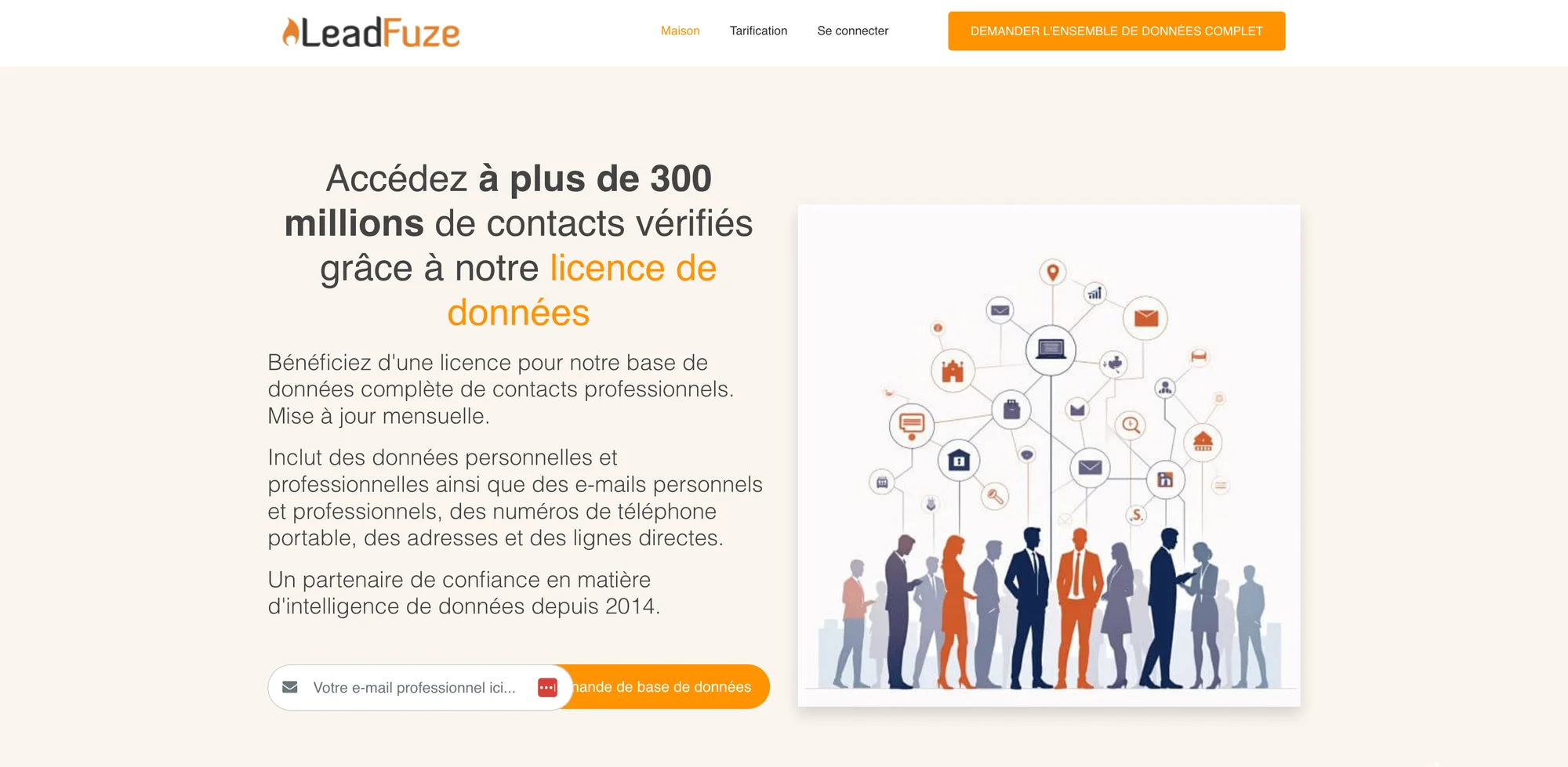 Base de données LeadFuze avec 300 millions de contacts professionnels vérifiés et illustration d'hommes d'affaires