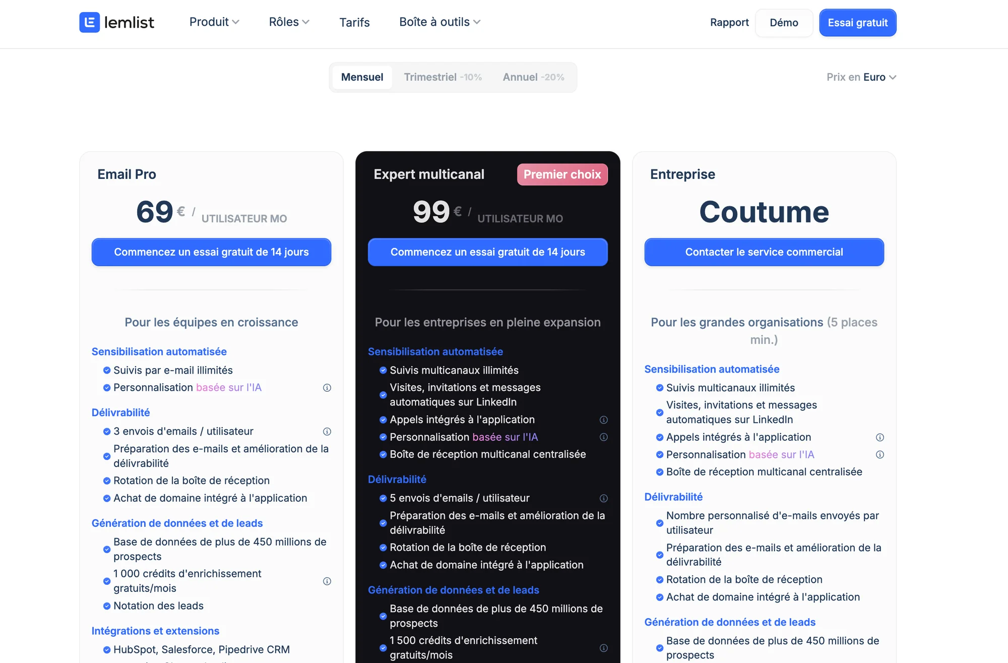 Tableau de tarification d'un outil marketing avec trois plans : Email Pro (69€/mois), Expert multicanal (99€/mois) et Entreprise Custom