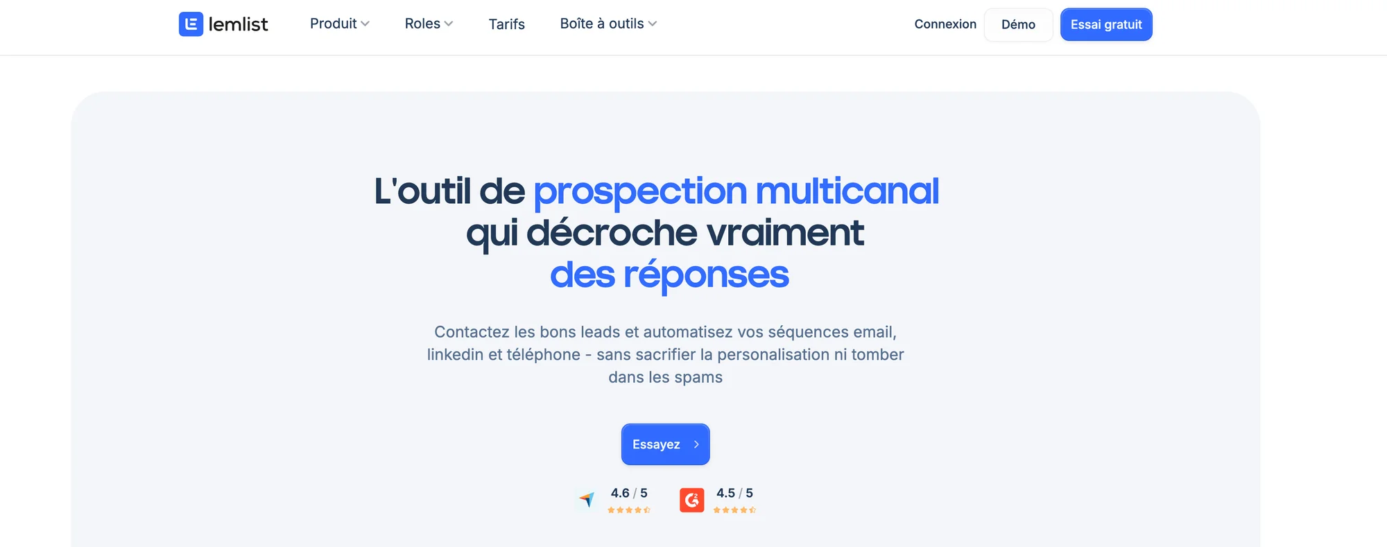 Page d'accueil de lemlist, outil de prospection multicanaux avec évaluations 4,8/5 et 4,9/5