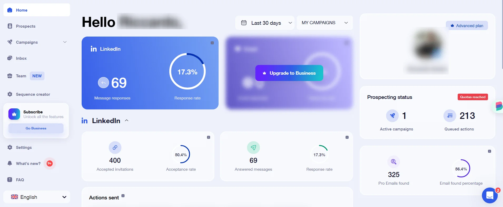 Interface LinkedIn affichant les statistiques de messagerie avec options de mise à niveau et gestion des campagnes