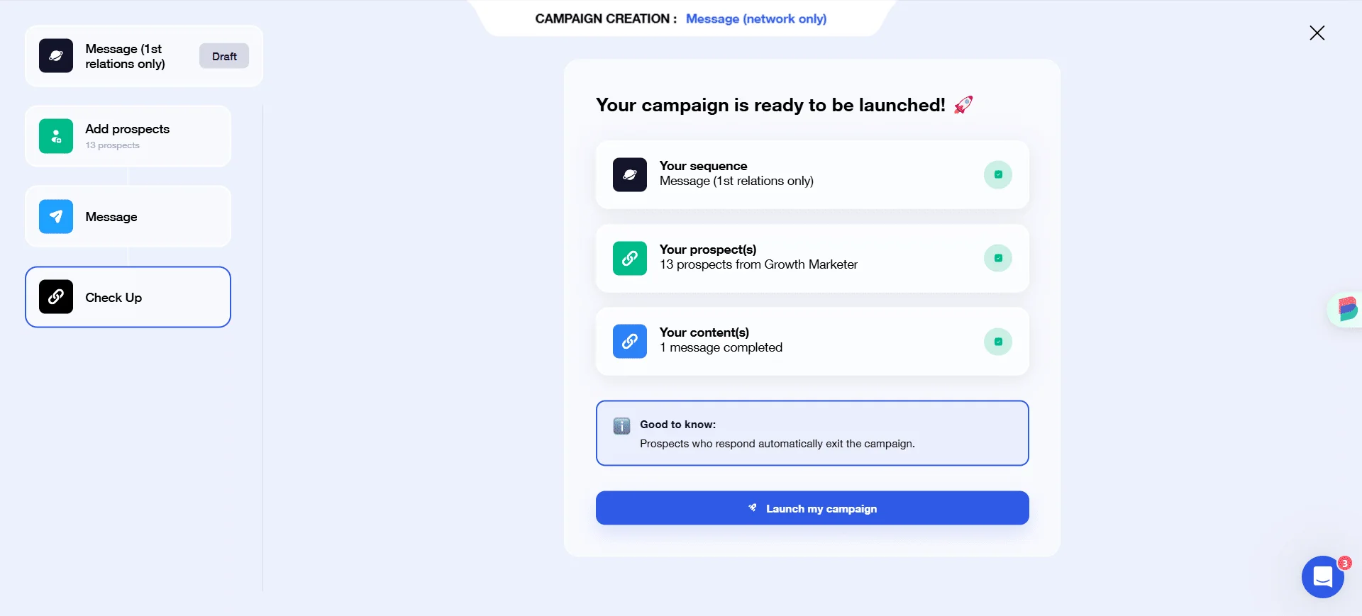 Interface de création de campagne avec statut "Prêt à lancer" et bouton "Lancer ma campagne".