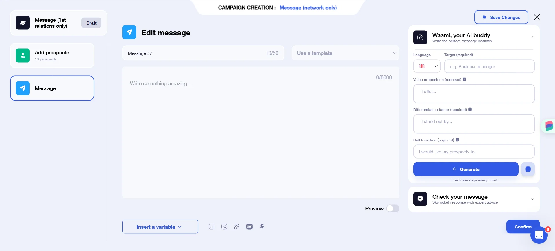 Interface de création de campagnes avec éditeur de message et assistant AI.