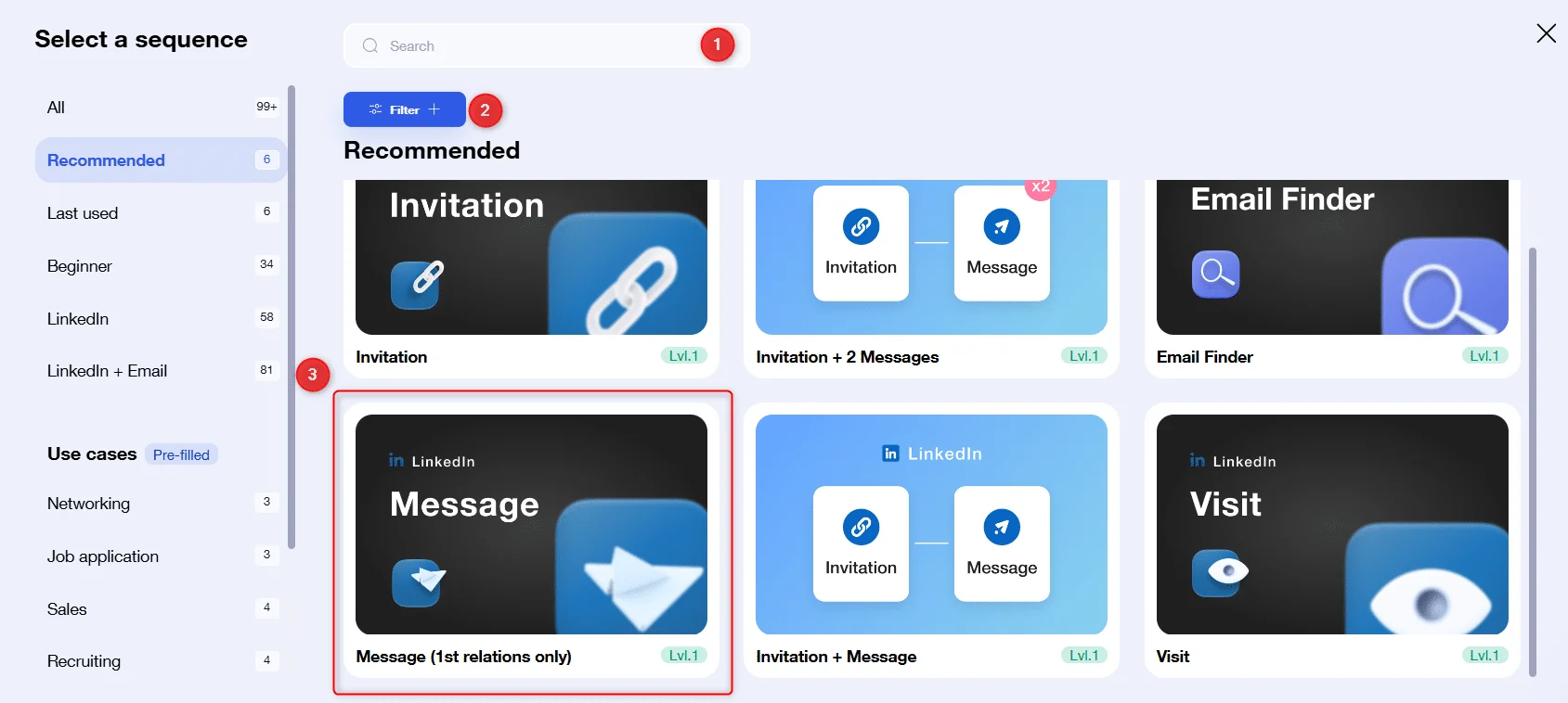 Options de séquence pour envoyer un message sur LinkedIn avec sélection mise en évidence