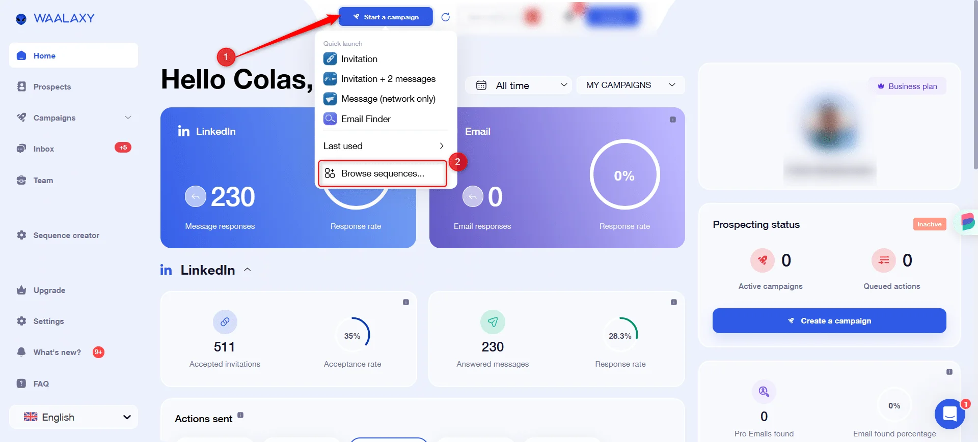 Interface de gestion de campagnes marketing avec statistiques, profil LinkedIn et options de création de campagne