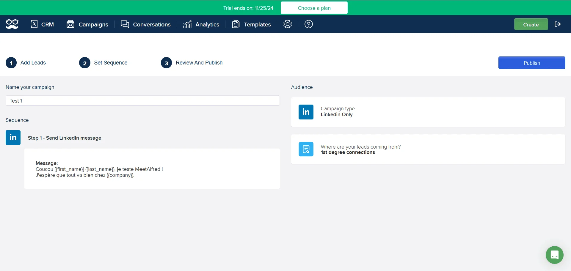 Interface d'envoi de message LinkedIn dans un CRM.