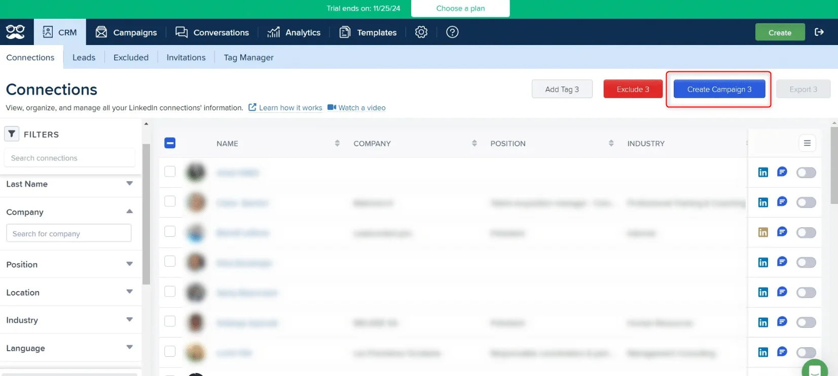 Dashboard LinkedIn montrant la liste des connexions avec bouton Créer une campagne