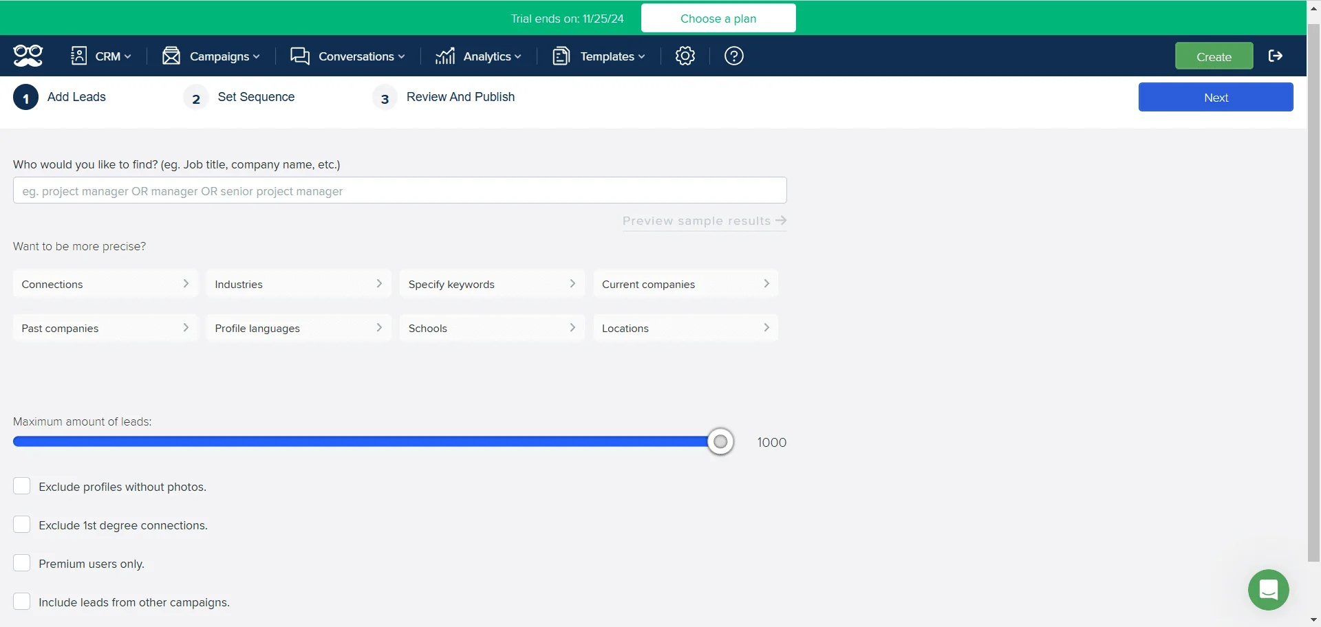 Page web d'addresseur de leads avec filtre de recherche et options avancées.