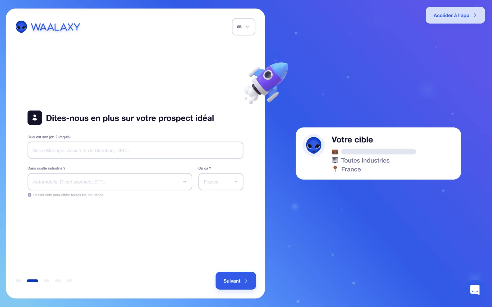 Formulaire WAALAXY pour créer un profil prospect idéal avec icône fusée