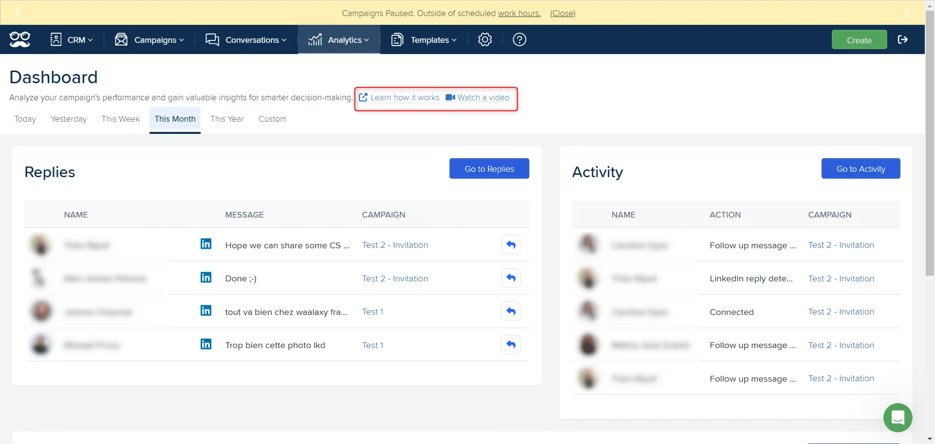 Interface de gestion de campagnes avec sections Réponses et Activités
