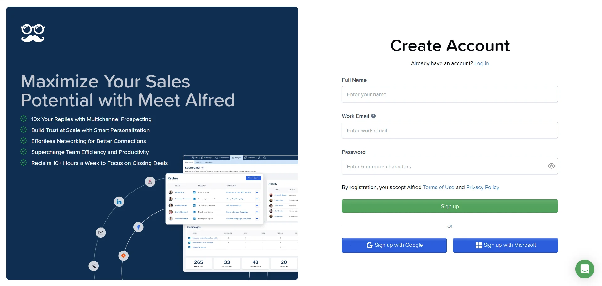 Formulaire d'inscription Alfred avec graphiques montrant l'augmentation des ventes