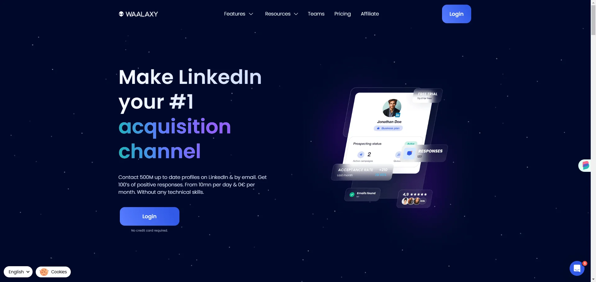 Formulaire de connexion Waalaxy pour LinkedIn avec options de login et inscription