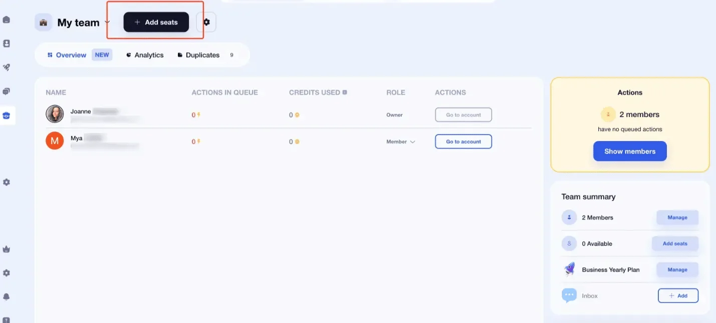 Interface de gestion d'équipe avec bouton pour ajouter des places