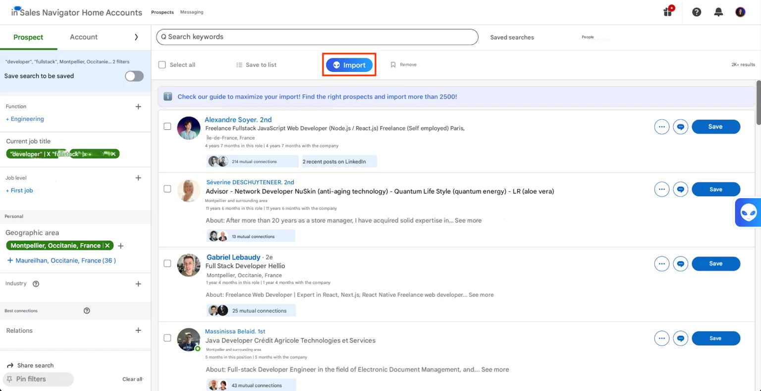 Export d'une liste de leads depuis Sales Navigator vers Waalaxy
