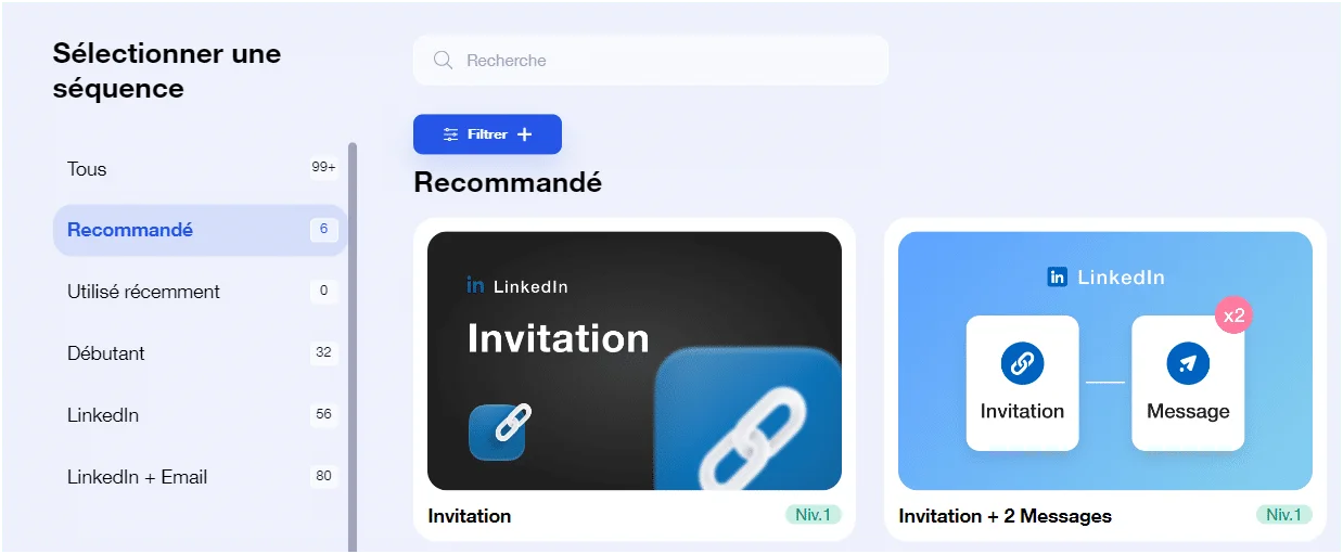 Interface de sélection de séquences de prospection LinkedIn proposant différents modèles d'invitations et messages personnalisés.