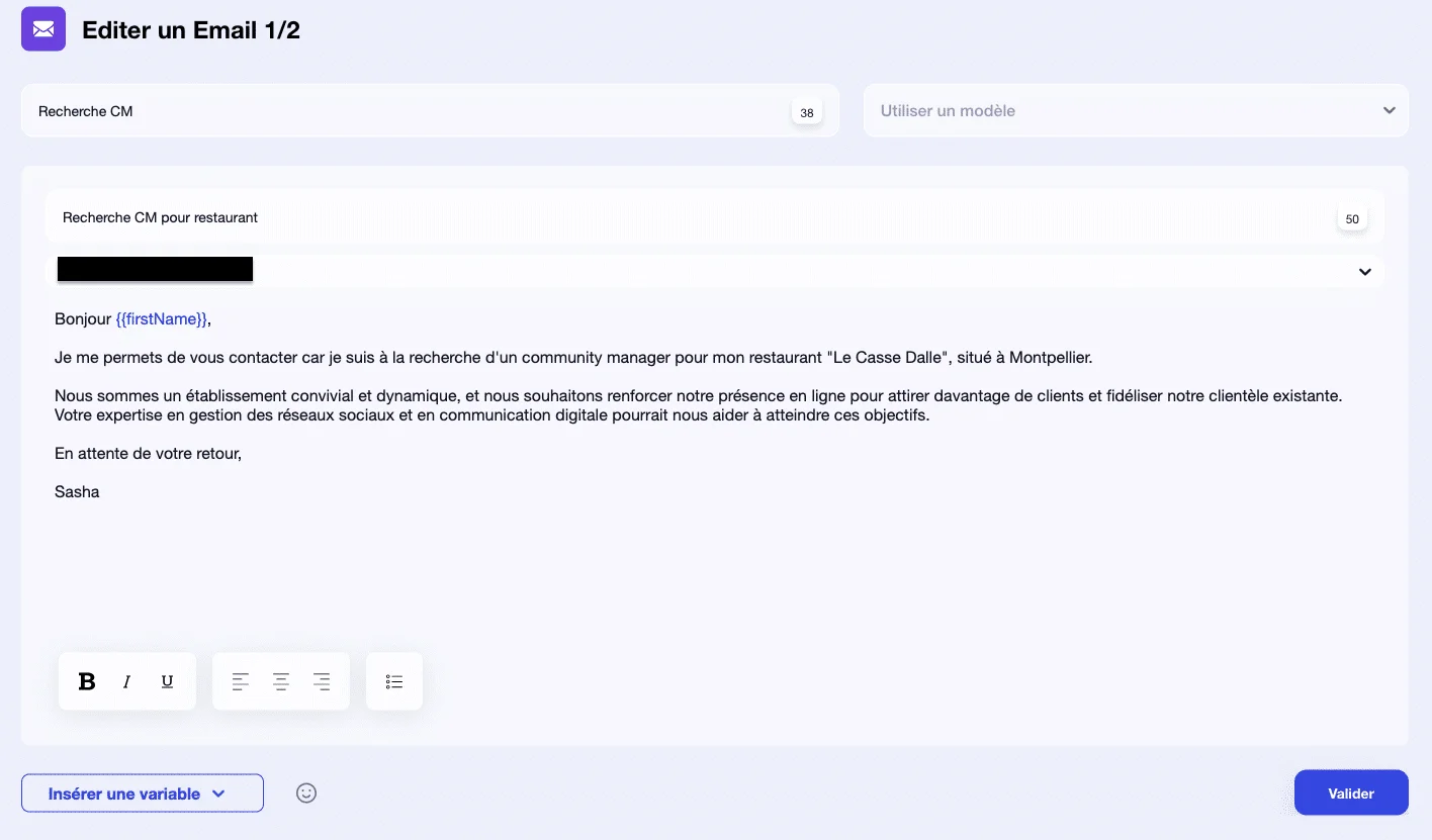 Formulaire d'email marketing pour contacter un candidat au poste de Community Manager du restaurant Le Casse Dalle