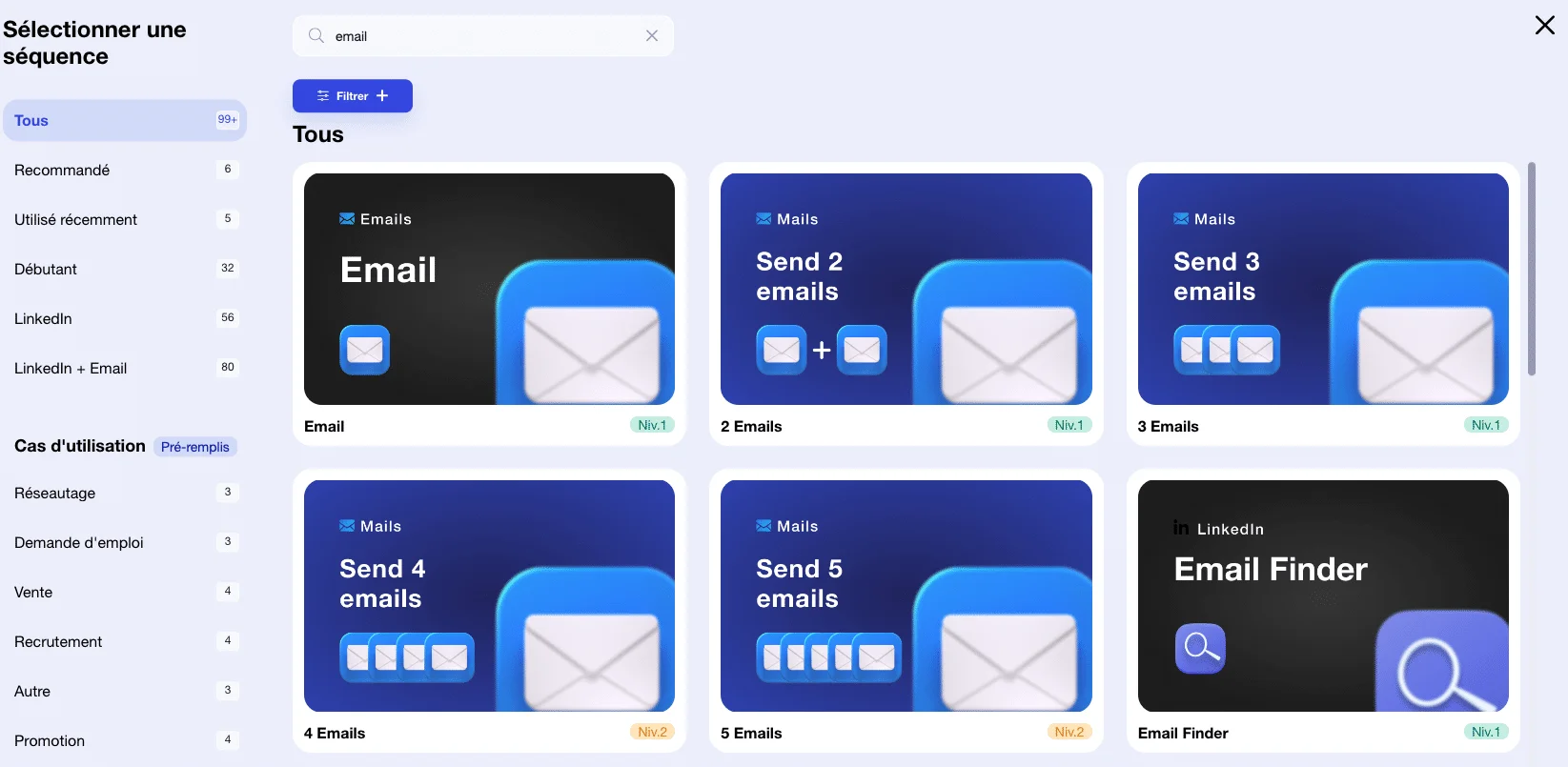 Options d'envoi d'emails avec filtrage par volume (2 à 5 messages) et Email Finder
