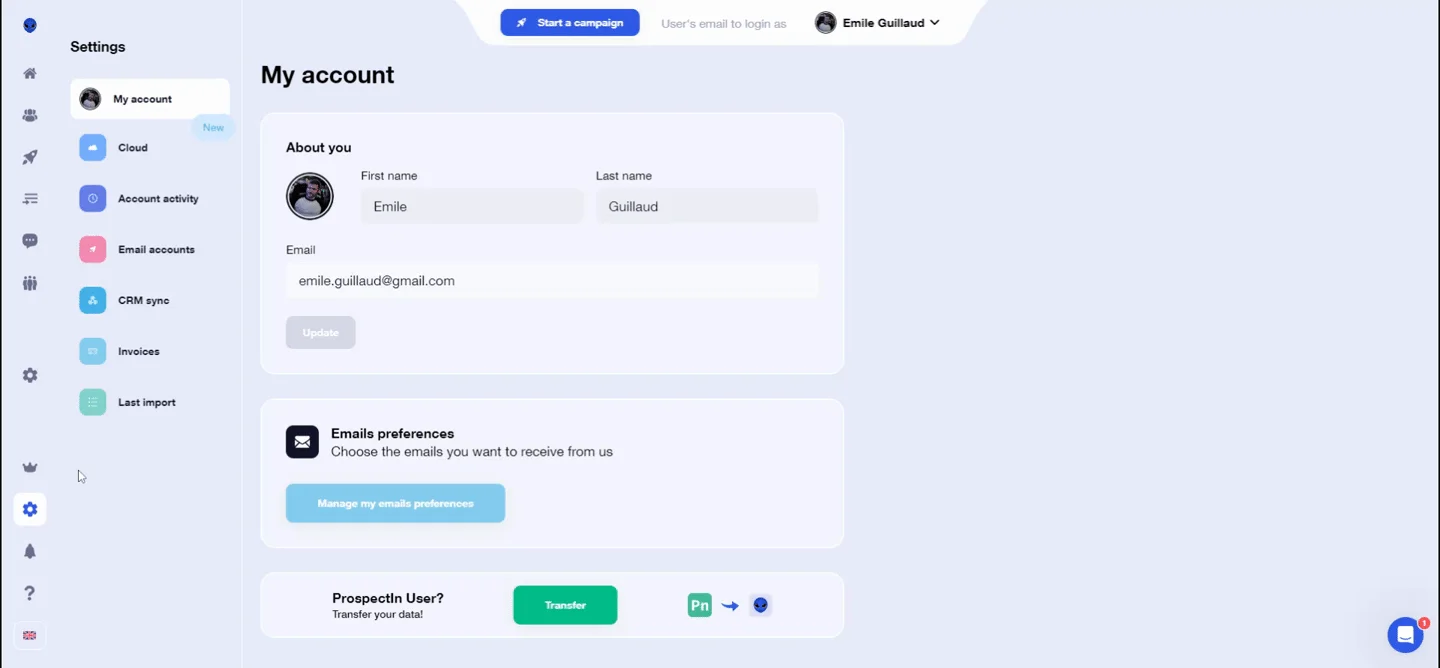 Paramètres compte utilisateur Waalaxy