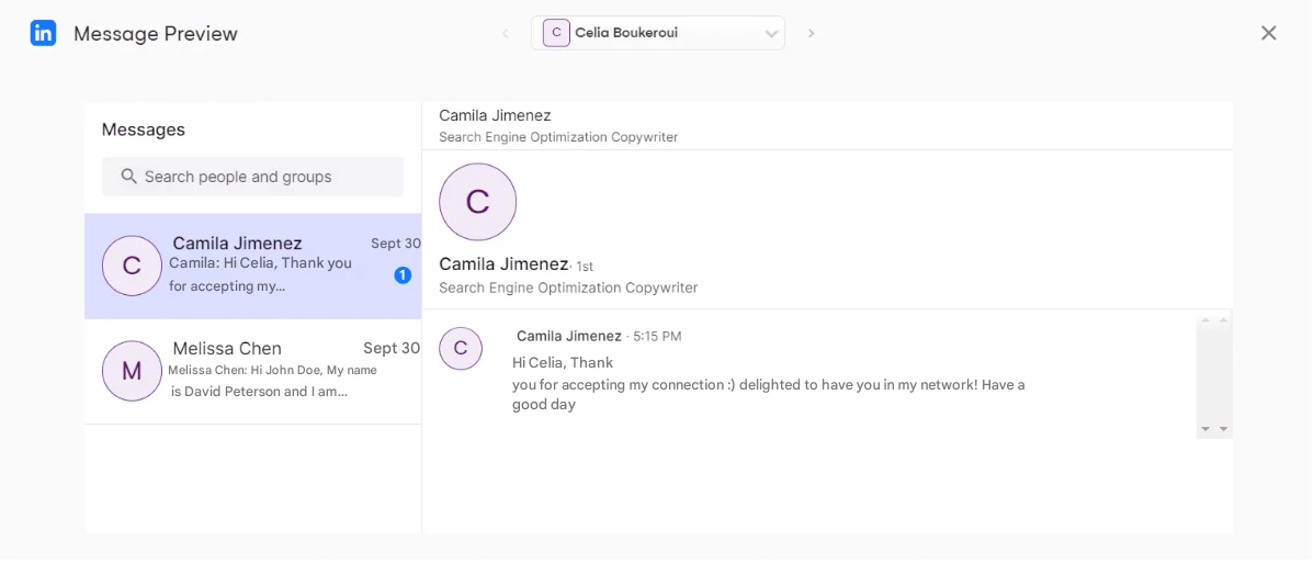 Interface de messagerie avec conversation en français et anglais