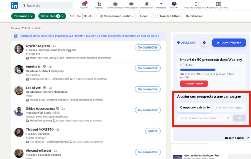 Liste de profils LinkedIn avec sélection de campagne pour importation
