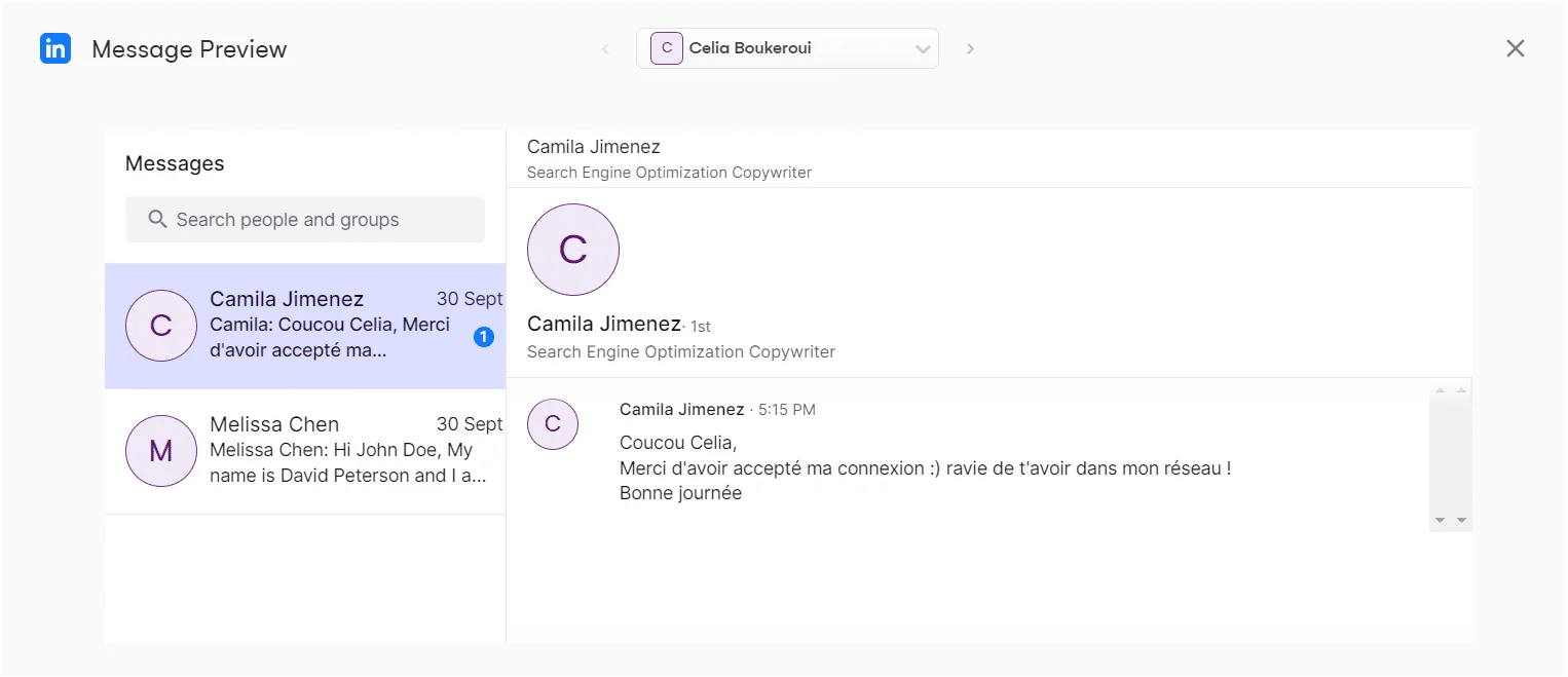 Conversation par messagerie avec messages en français et anglais, profils des utilisateurs visibles
