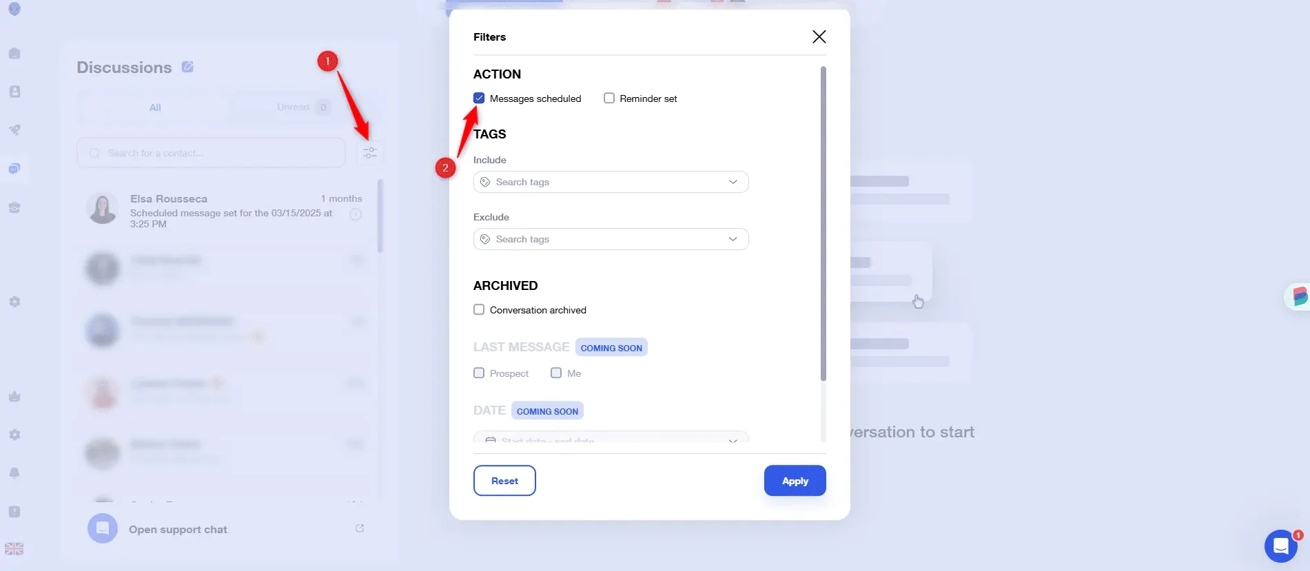 Filters for archived messages with blue buttons and red arrows