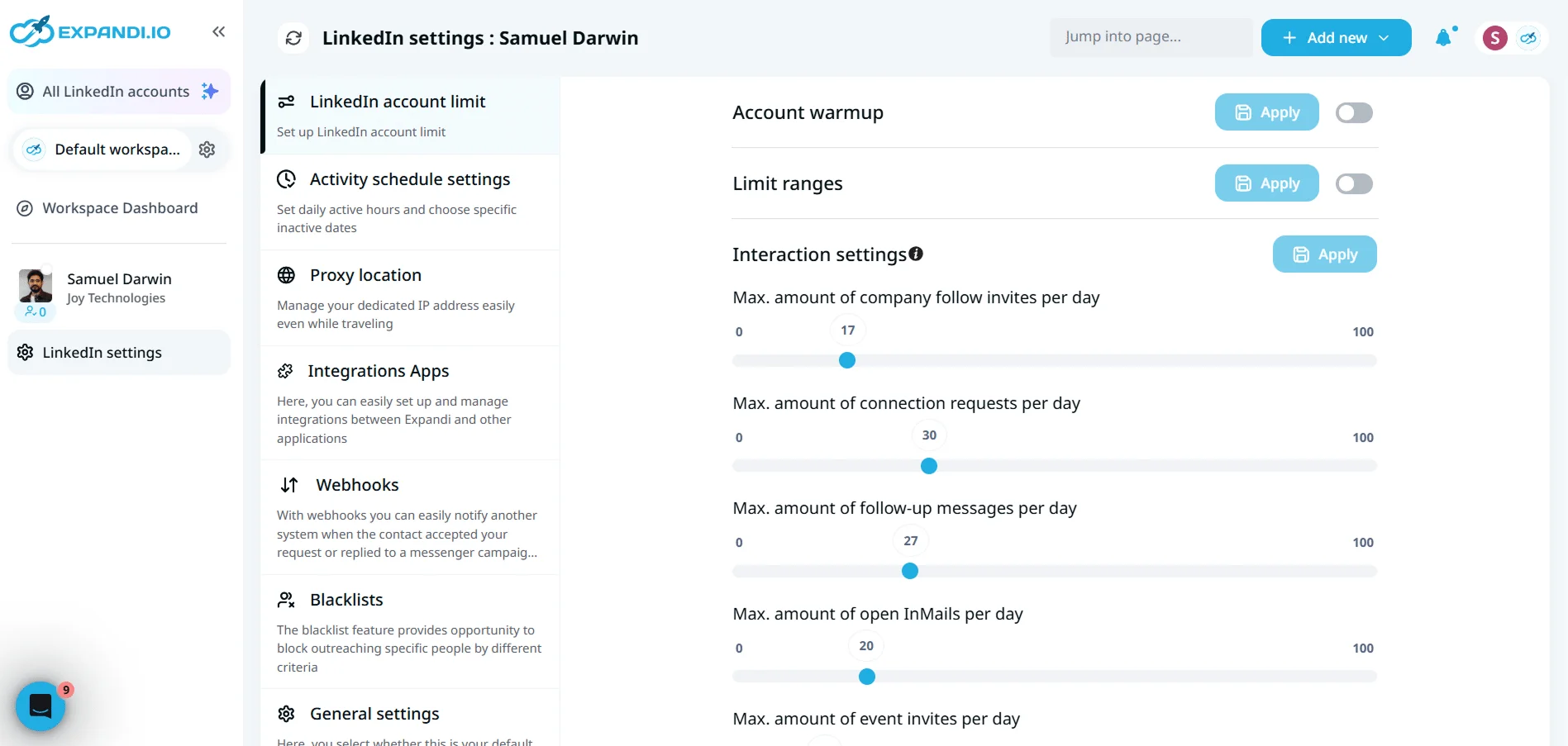 Expandi quotas and security