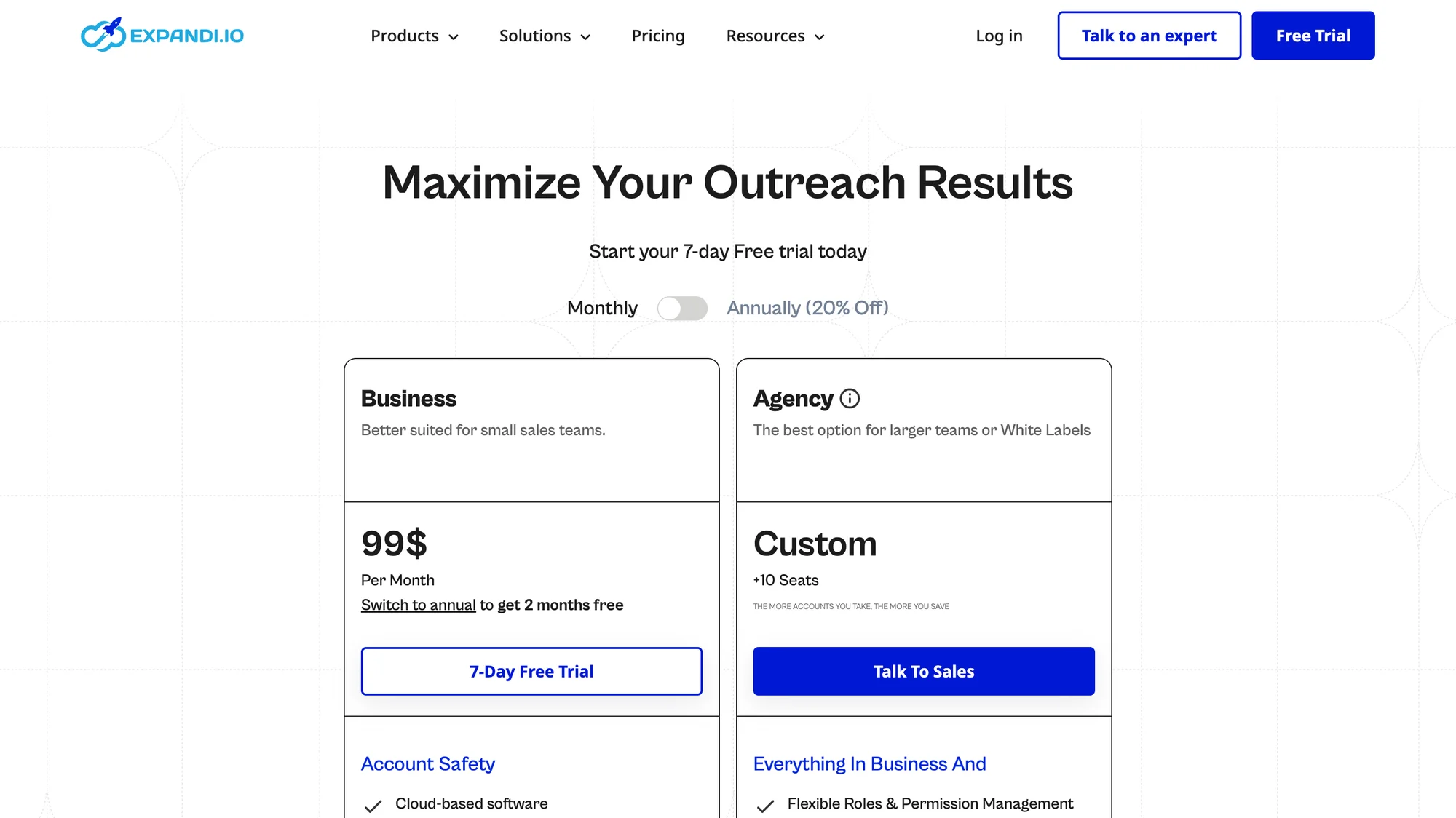 Expandi.io pricing page showing campaign plans with free trial offer and tiers for businesses and agencies