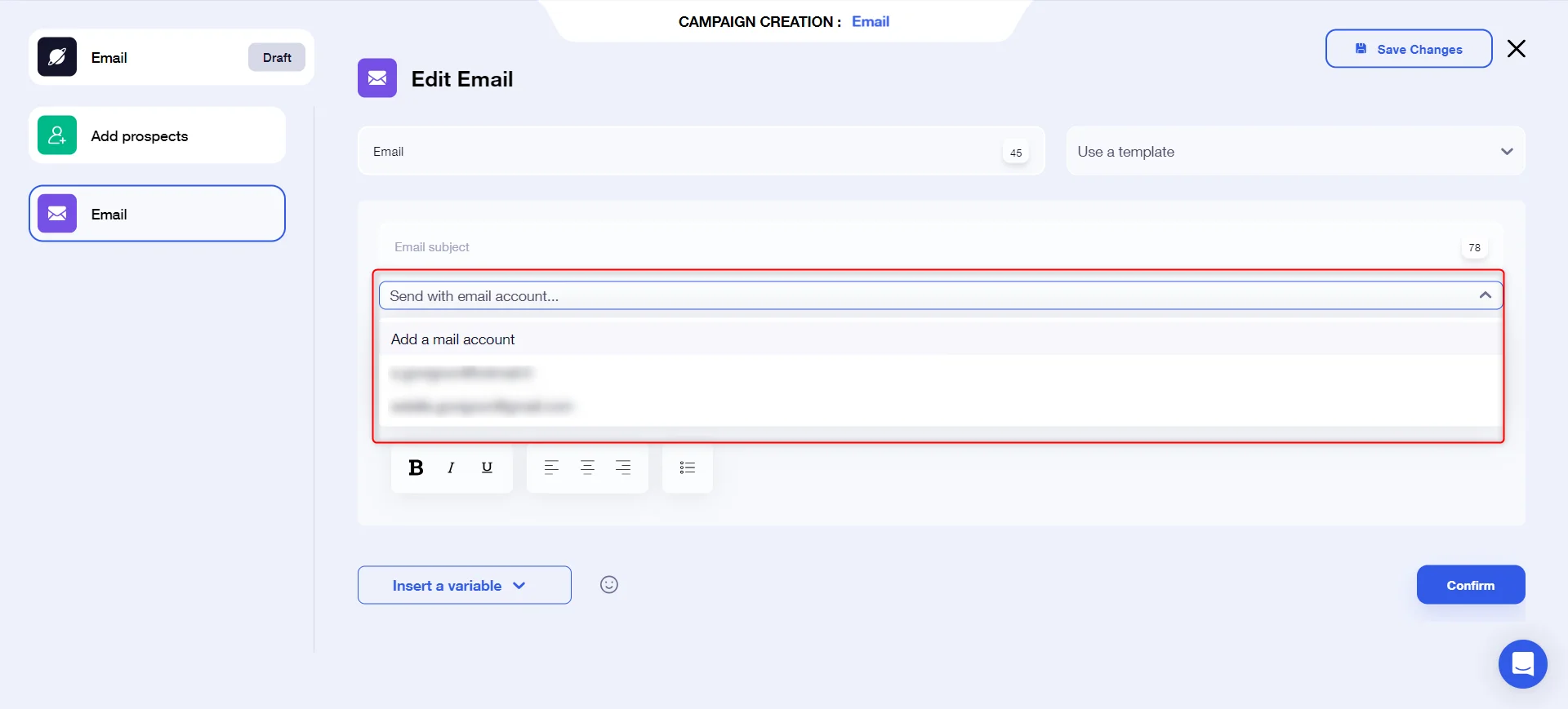 Interface création email Waalaxy