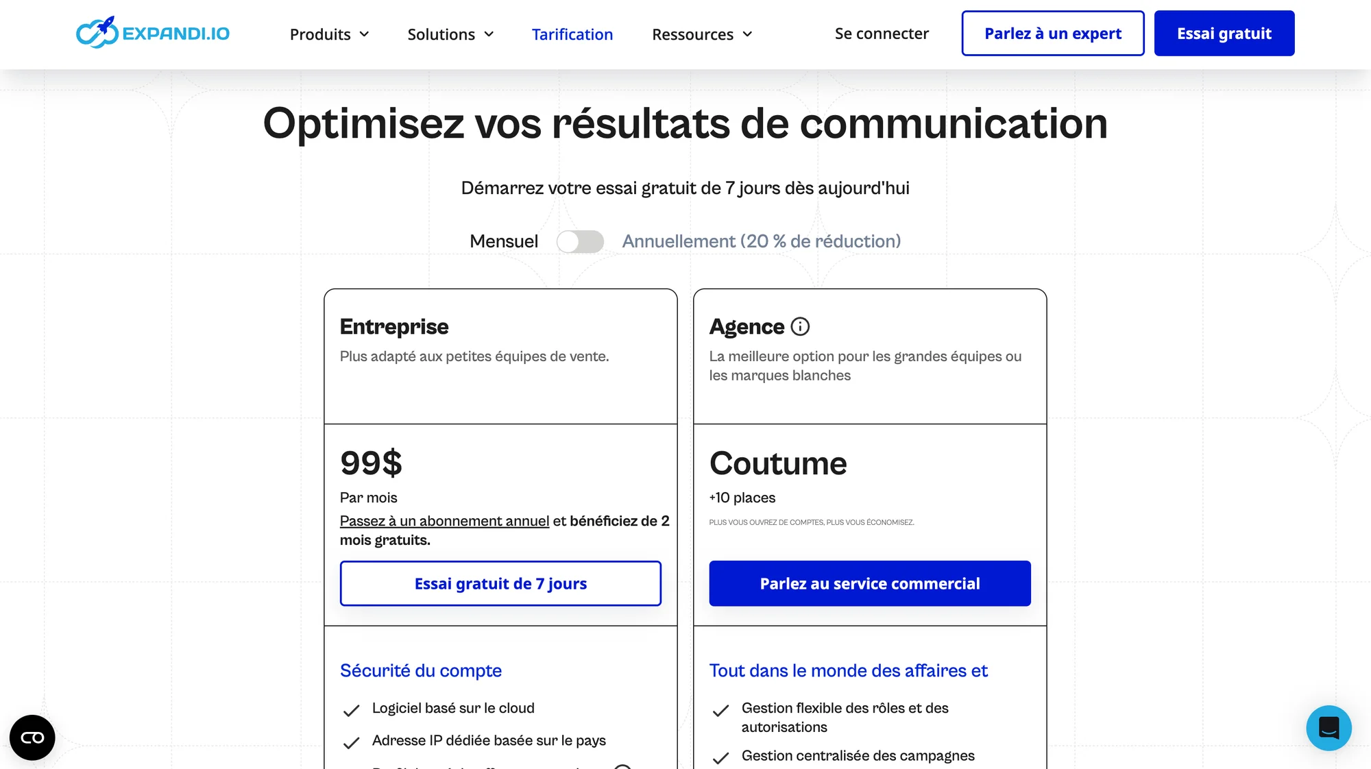 Page de tarification Expandi.io avec options pour entreprises et agences, essai gratuit 7 jours