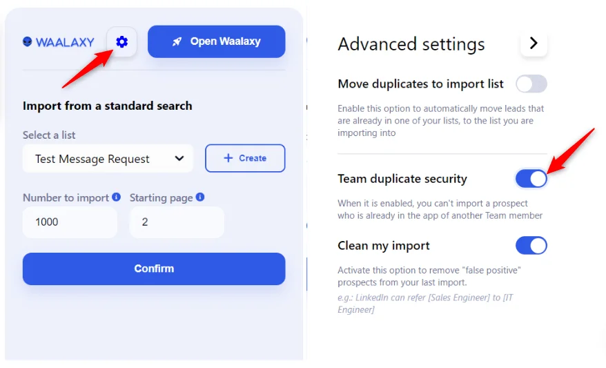 Interface d'importation de contacts avec options avancées