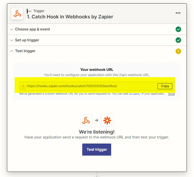 Configuration webhook Zapier trigger setup