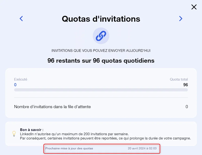 Page LinkedIn affichant les quotas d'invitations à envoyer sur le réseau social