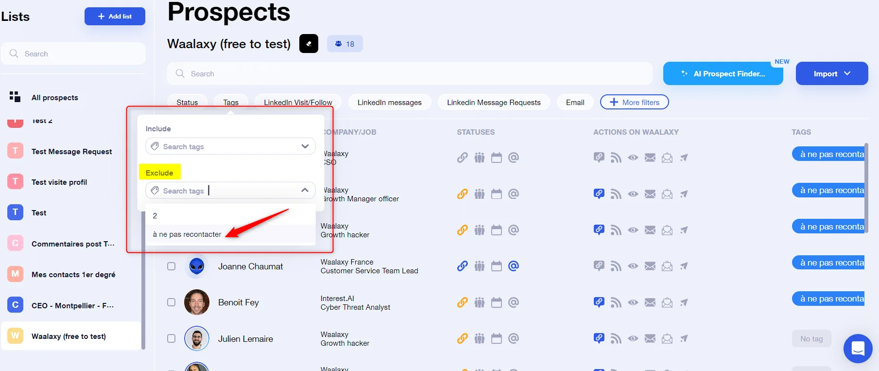Outil de gestion de prospects avec liste de contacts et filtres