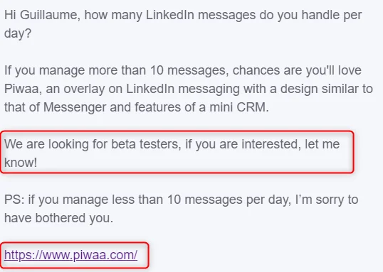 Exemplo de mensagem de prospeção no LinkedIn: a chamada à ação destacada