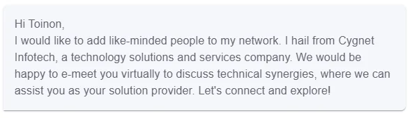 Message d'invitation à connecter via Cygnet Infotech.