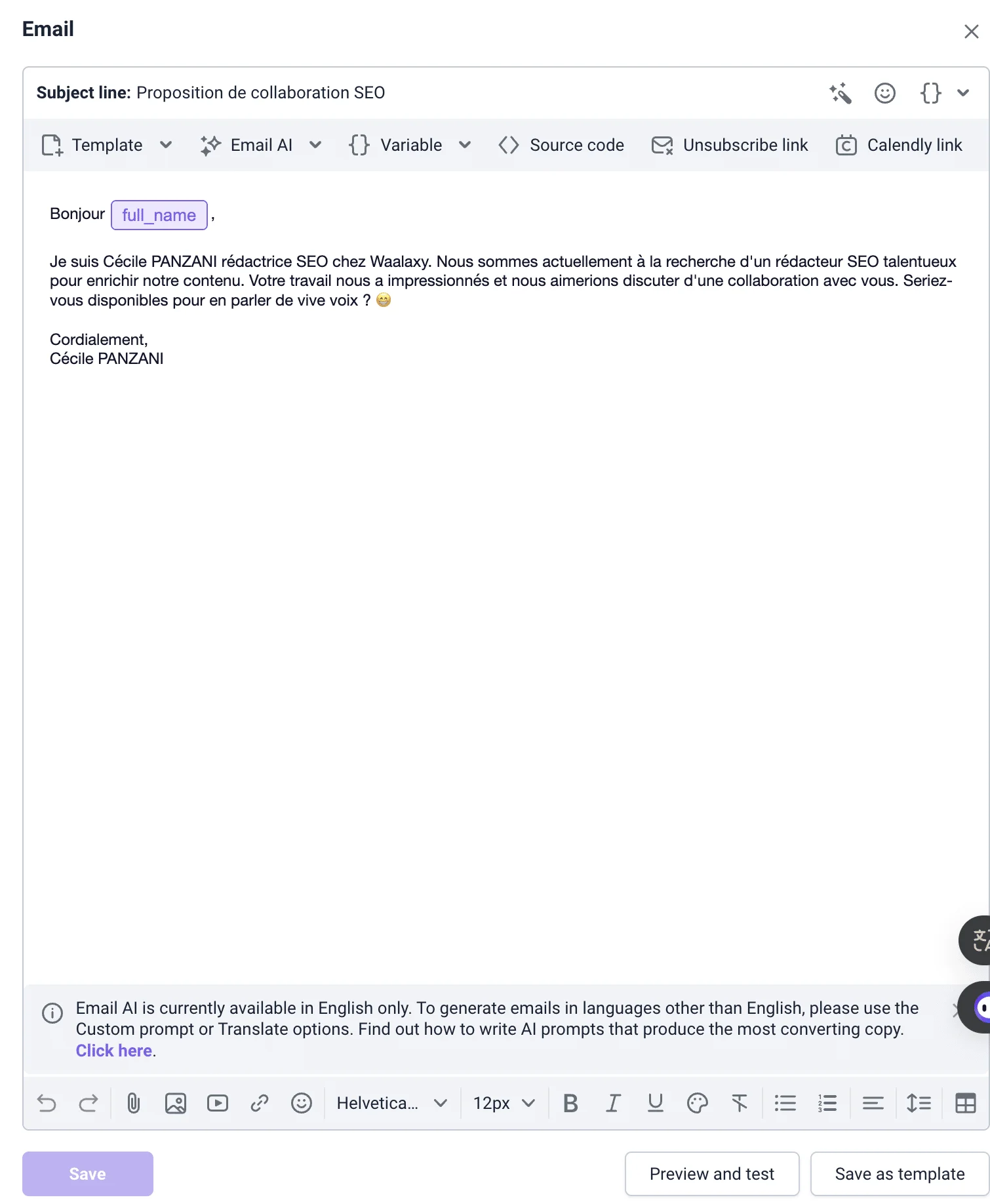 Email de proposition de collaboration SEO avec champ nom complet