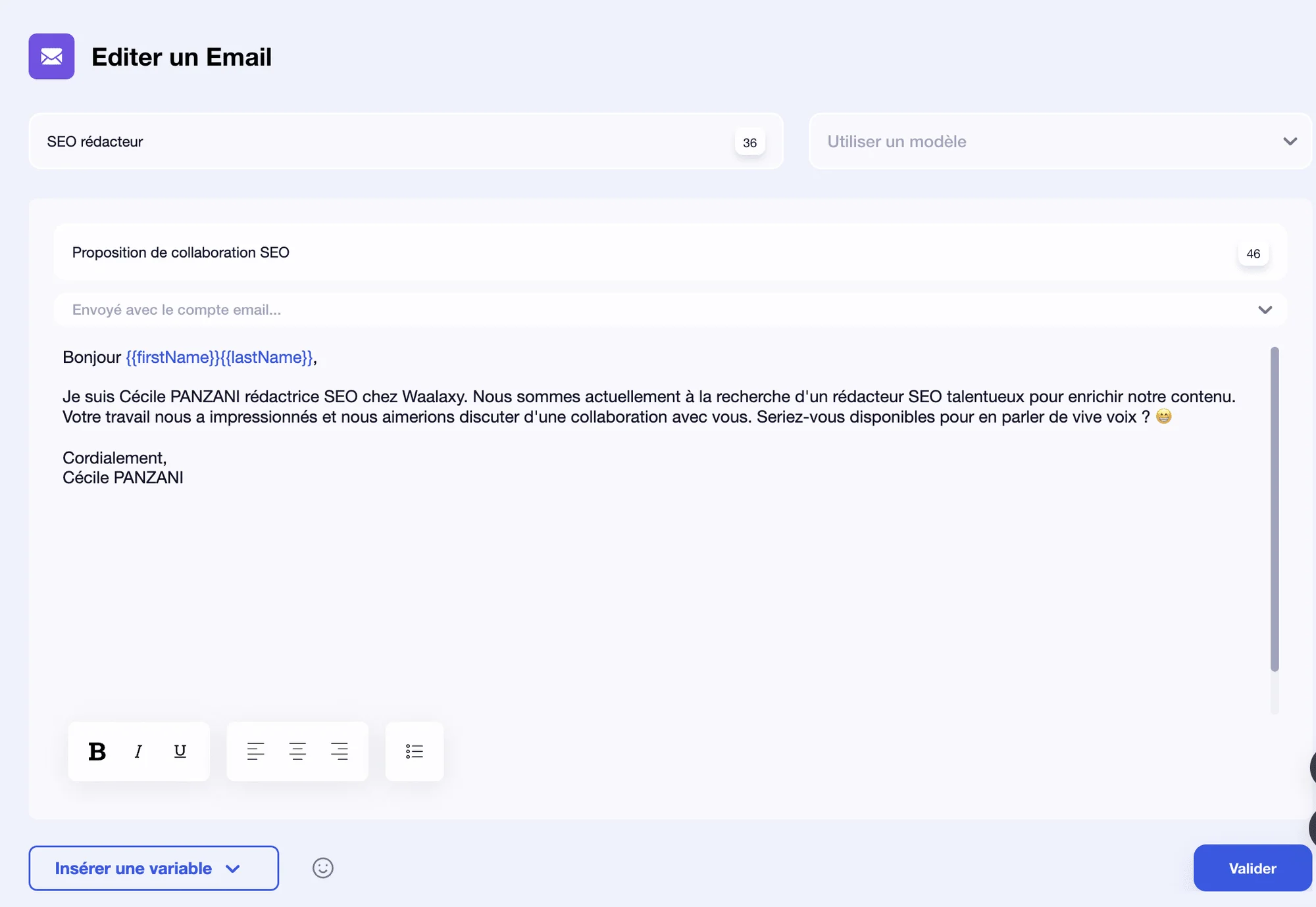Interface de composition d'email pour proposer une collaboration SEO
