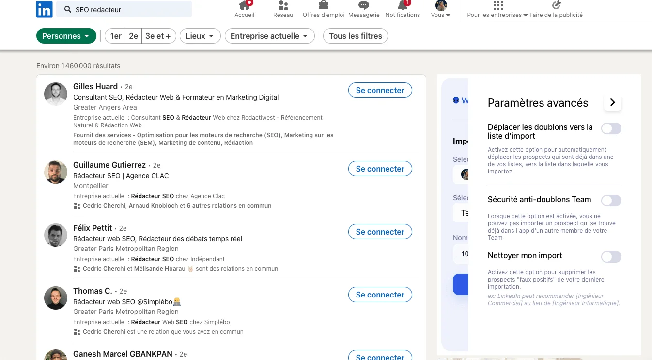 Résultats de recherche LinkedIn pour "SEO rédacteur" avec profils et filtres