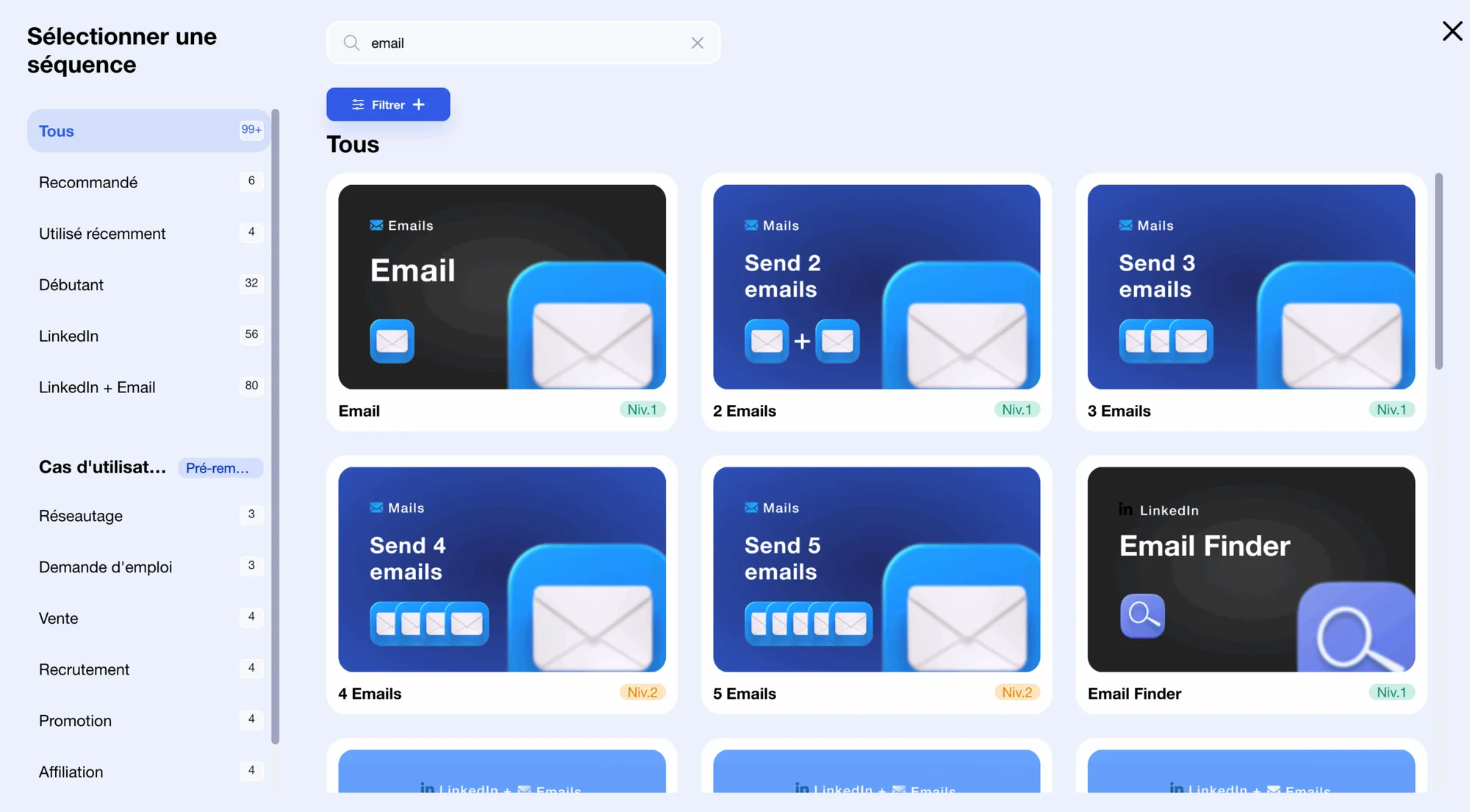 Options d'envoi d'e-mails avec quantités de 2 à 5 et recherche LinkedIn
