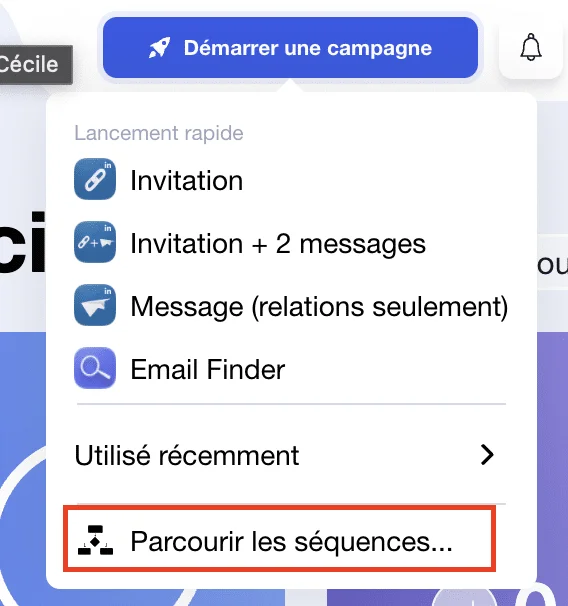 Menu de lancement de campagne Waalaxy présentant les options rapides d'invitation, messages et Email Finder pour la prospection LinkedIn