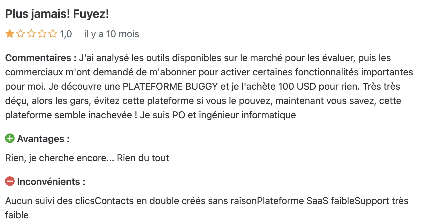 Capture d'écran d'un avis client : 1 étoile pour plateforme bugueuse et support défaillant