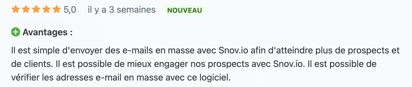 Avis 5 étoiles sur Snov.io pour l'envoi d'e-mails en masse