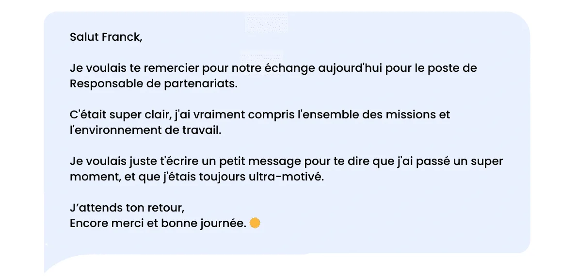 LinkedIn bedankt bericht na een sollicitatiegesprek: voorbeeld 1.