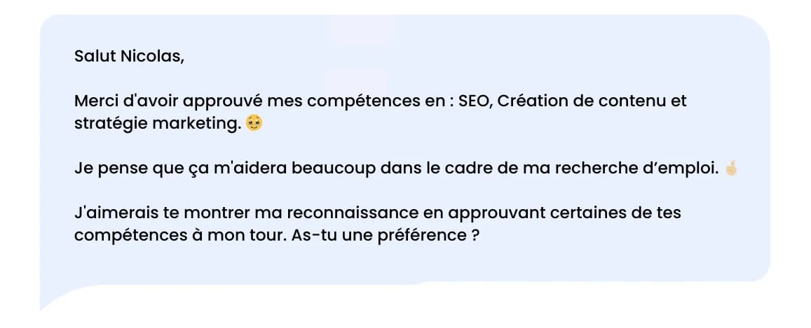 LinkedIn bedankbericht na een goedkeuring van vaardigheden.